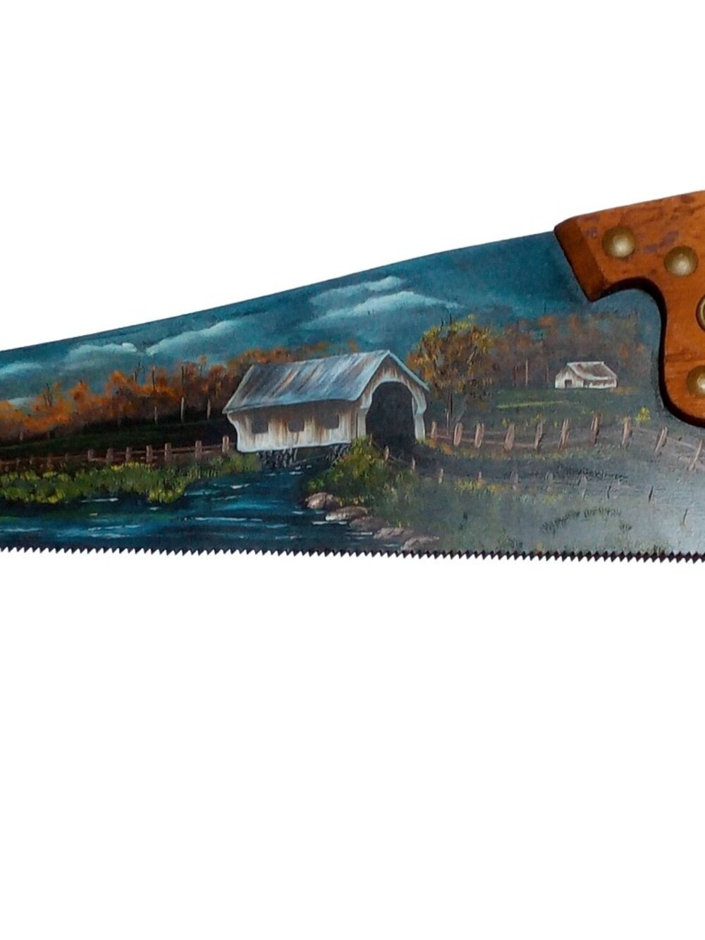 Covered Bridge Painting Rustic Saw Country Cottagecore landscape Folk Art Signed